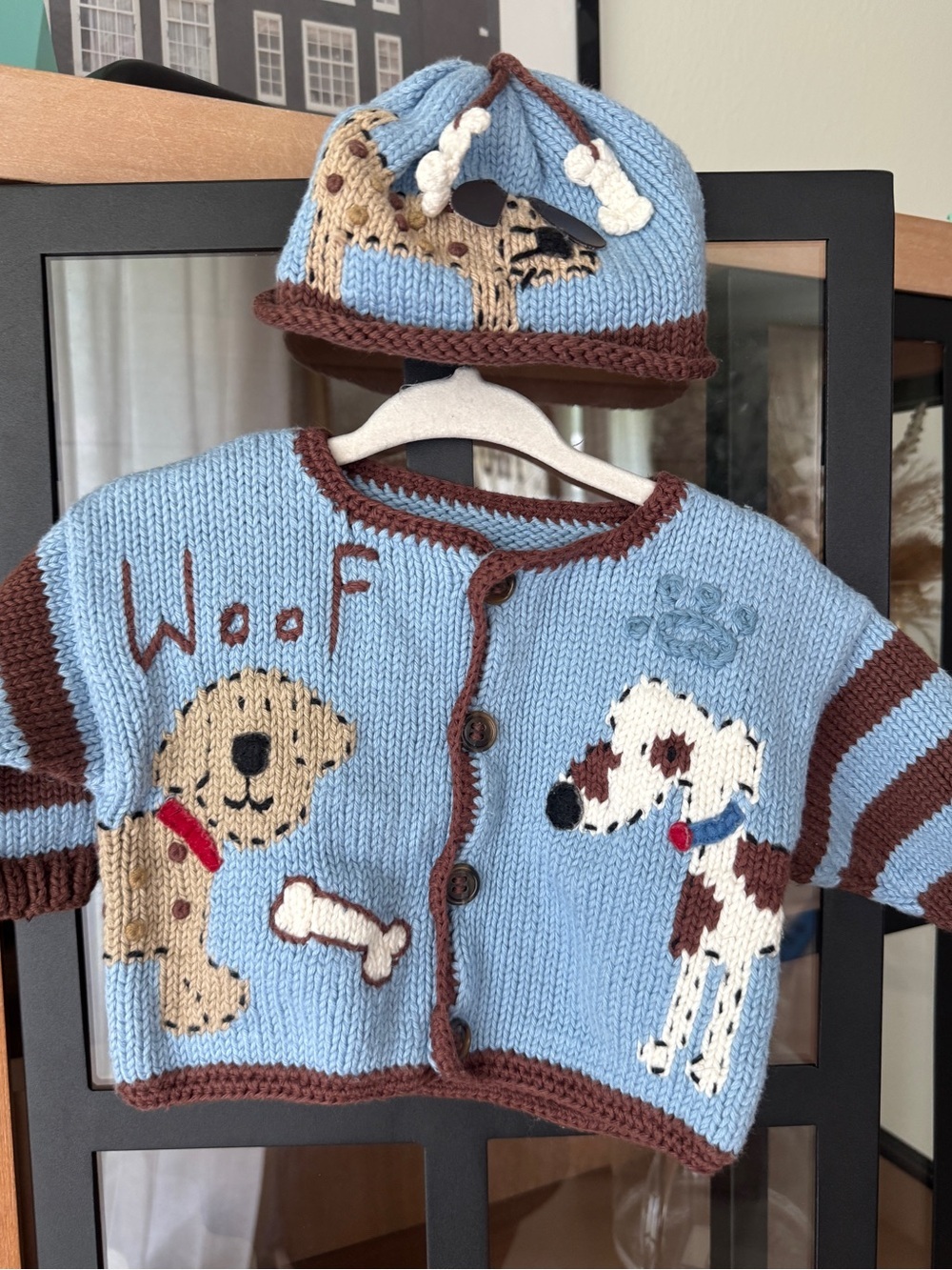 Vintage 90s Dogs sweater hat set knit crochet bones baby boy embroidered